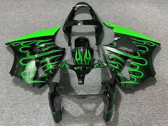 Carénages Moto Kawasaki ZX6R 2000-2002 - Noir Brillant Vert Flamme