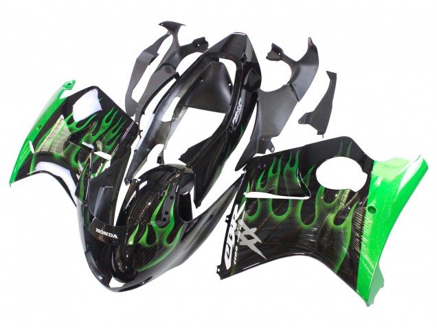 Carénage Moto Honda CBR1100XX Blackbird 1996-2007 - Noir Brillant Vert Flamme