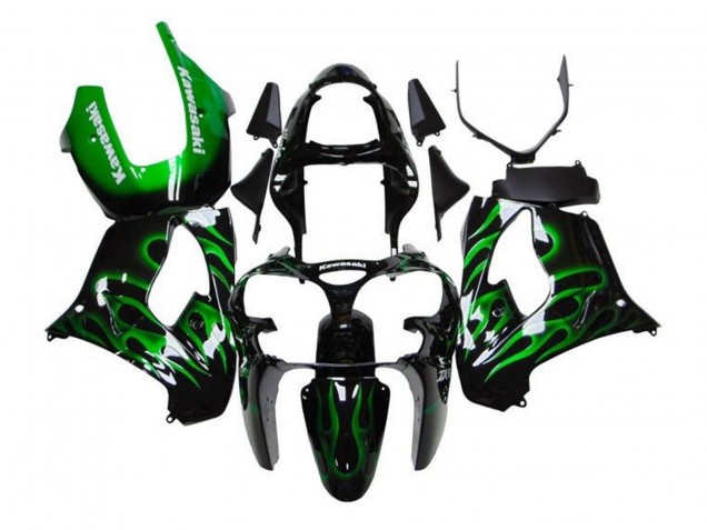 Carénages Moto Kawasaki ZX9R 2002-2003 - Noir Blanc Vert Flamme