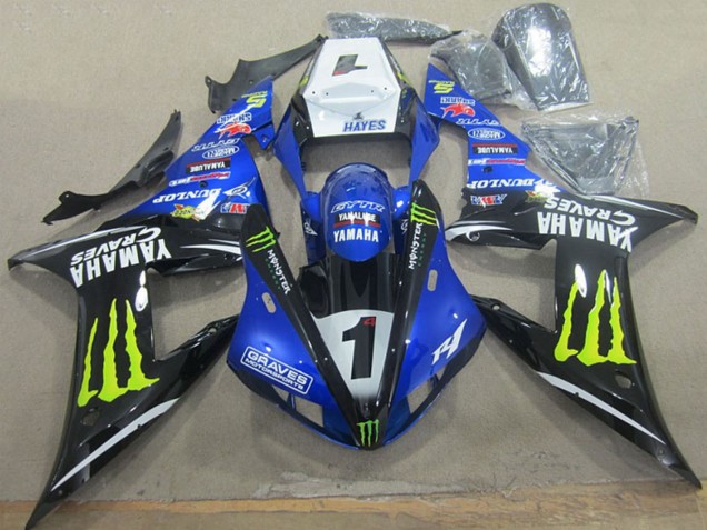 Carénages Moto Yamaha YZF R1 2002-2003 - Blanc Bleu Noir Jaune Néon Monstre Graves 1
