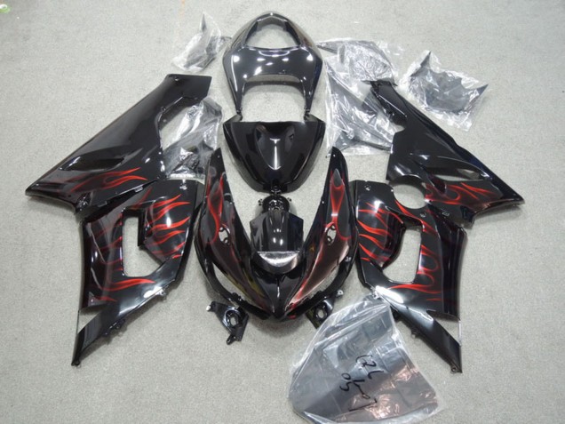 Carénages Moto Kawasaki ZX6R 2005-2006 - Noir Brillant Rouge Flamme